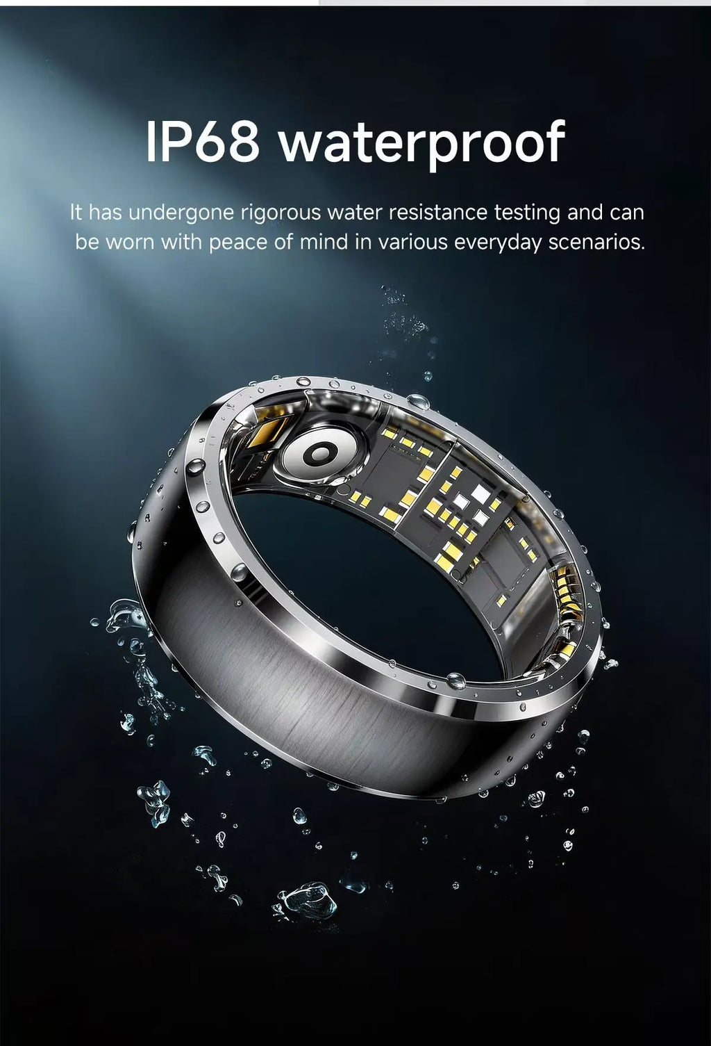 Sleek silver smart fitness ring with visible internal sensors, shown with water droplets against a dark background.