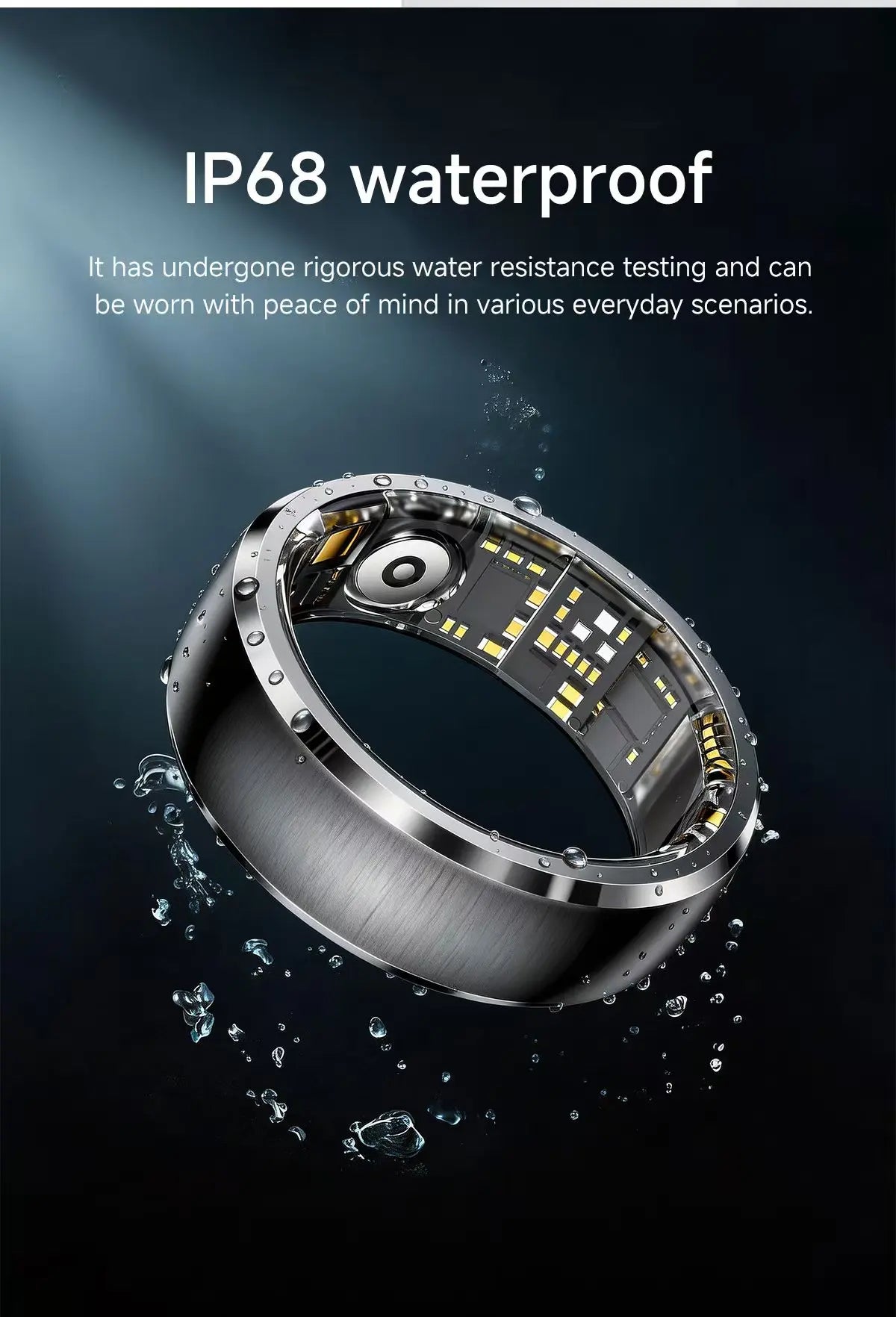 Sleek silver smart fitness ring with visible internal sensors, shown with water droplets against a dark background.