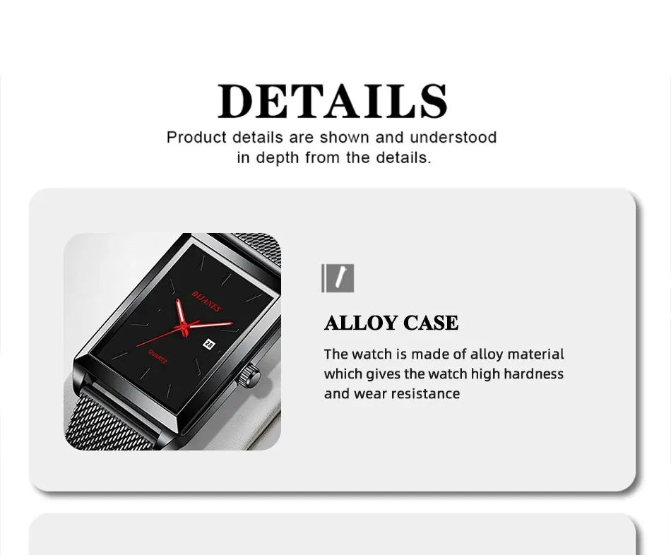 Mens square quartz watch with black dial, red hands, date window, and durable metallic mesh strap.