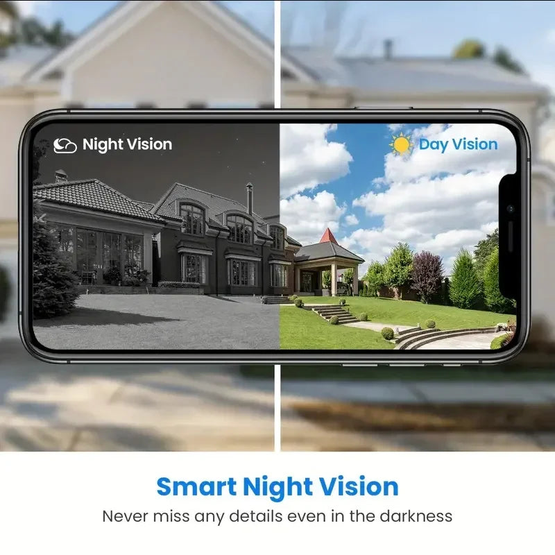 Smartphone screen showing a side-by-side comparison of a house in clear day vision versus infrared night vision.