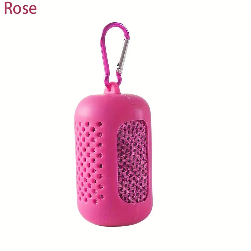 Rose pink silicone dog waste bag dispenser with a metal carabiner clip and perforated mesh side panel.