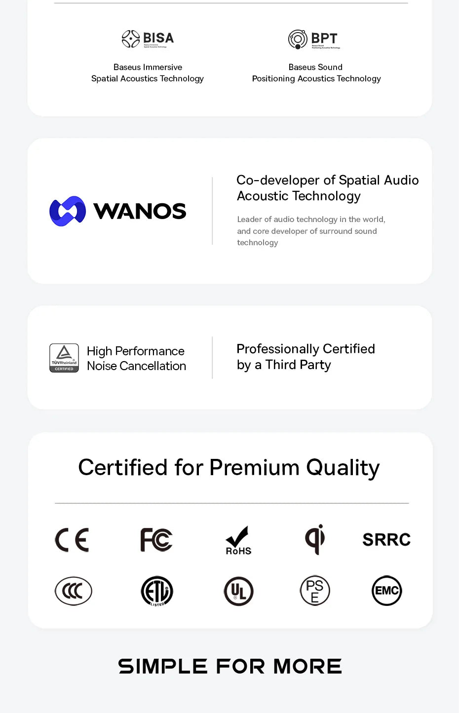 Infographic showing black and white icons and text detailing acoustic technology features and quality certifications.