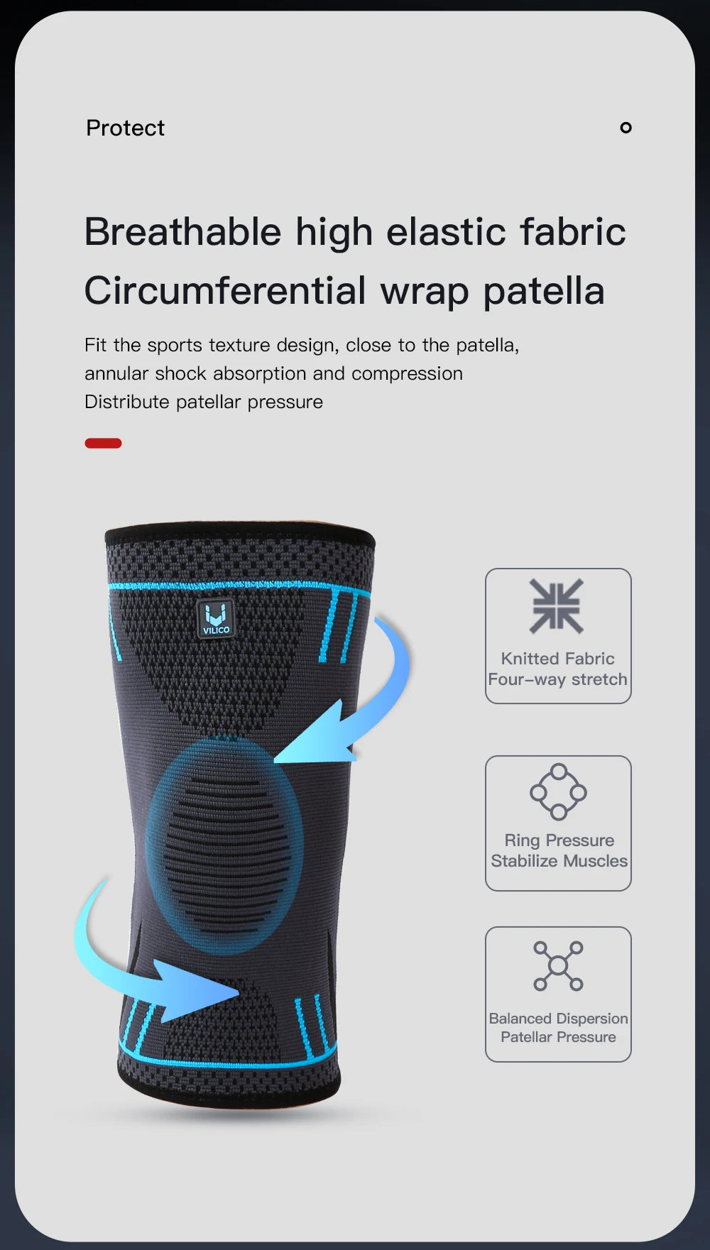Grey and black knitted knee support sleeve with blue trim and a circular compression pad for the patella.