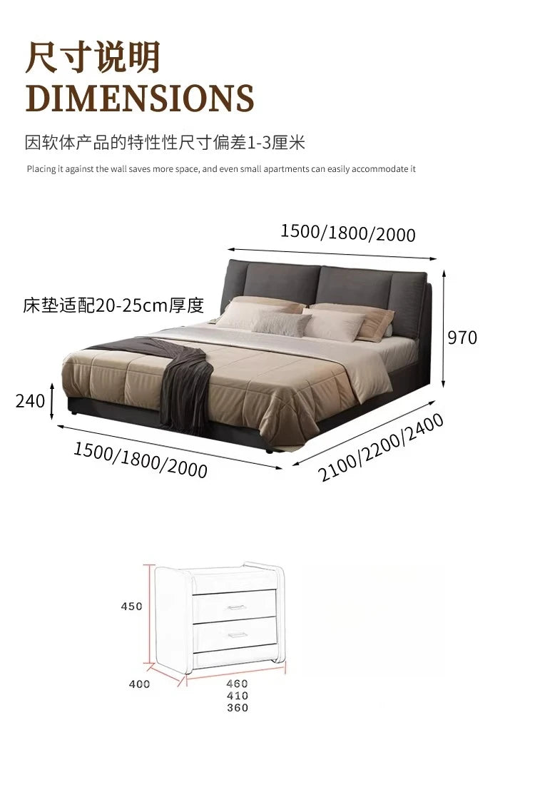 Modern grey upholstered double bed with integrated storage and matching three-drawer bedside cabinet, shown with dimensions.