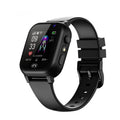 Black kids' smartwatch with a sleek digital touchscreen, integrated camera, and durable silicone strap.