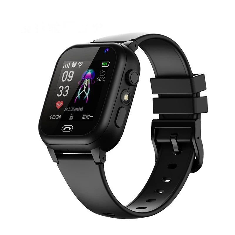 Black kids' smartwatch with a sleek digital touchscreen, integrated camera, and durable silicone strap.