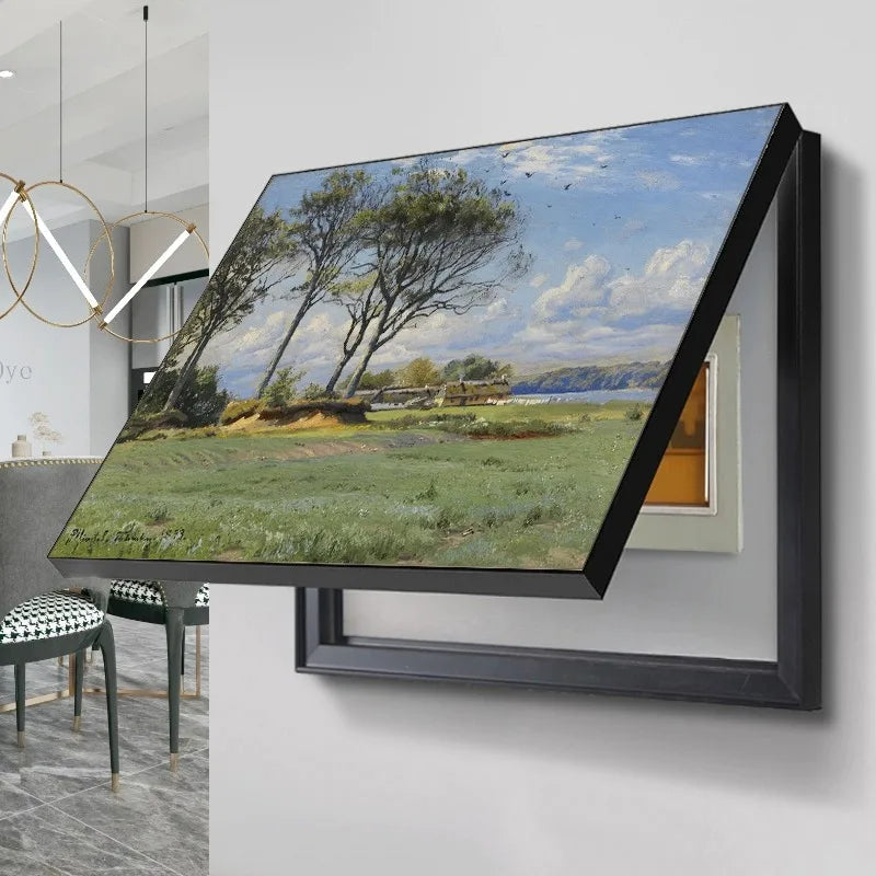 Decorative wall art meter box cover featuring a landscape painting in a black frame, hinged to open and hide utilities.