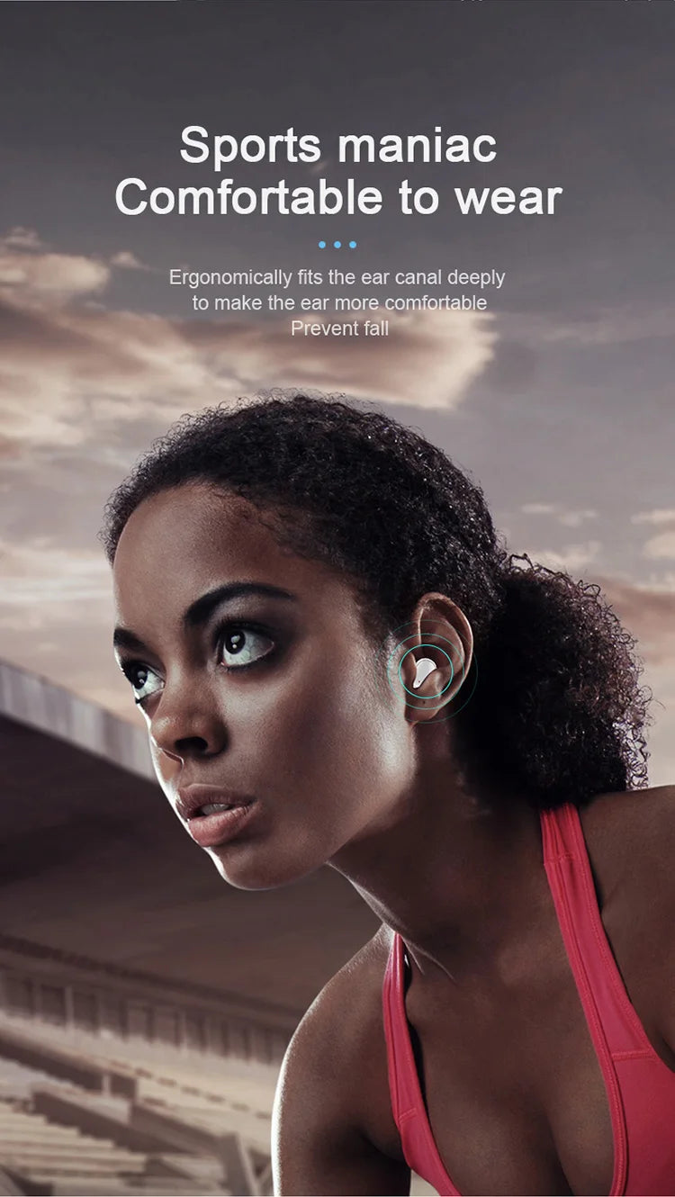 A woman wearing a small, ergonomic white in-ear wireless earbud designed for sports.