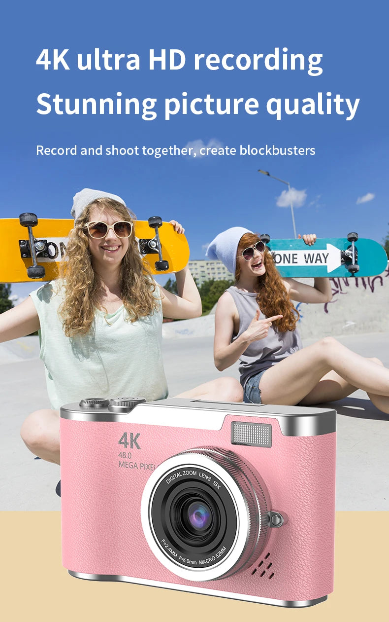 Pink 4K digital camera with silver metal trim, 18x zoom lens, and textured faux leather finish.