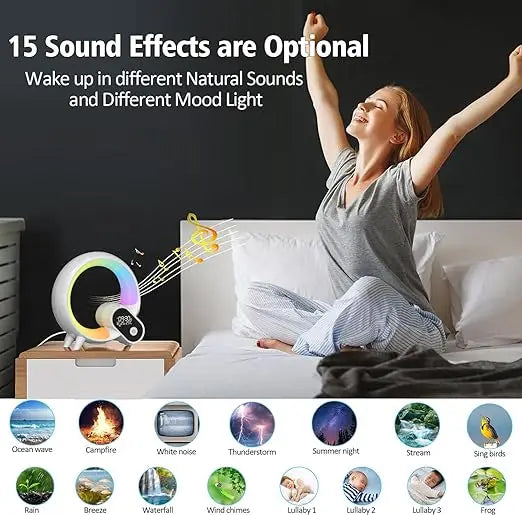 A white circular LED wake-up light on a bedside table, with a woman stretching, showing 15 natural sound options.