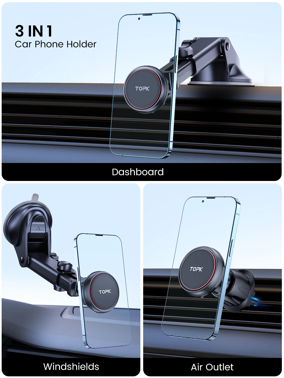 3-in-1 black magnetic car phone holder for dashboard, windshield, or air vent with adjustable arm.
