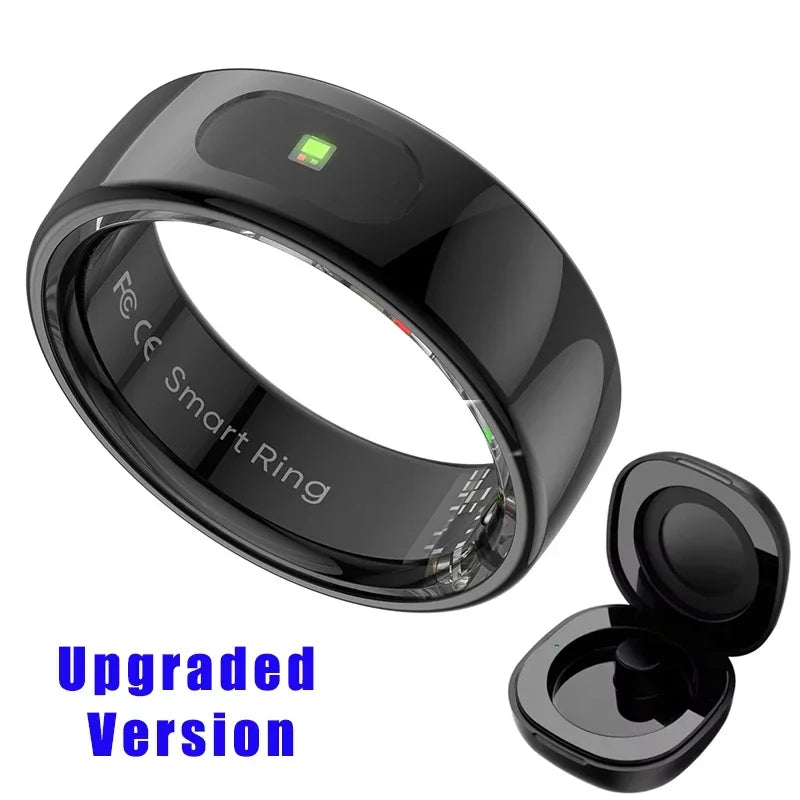 Sleek black smart fitness tracking ring with an integrated health sensor and its matching circular charging case.