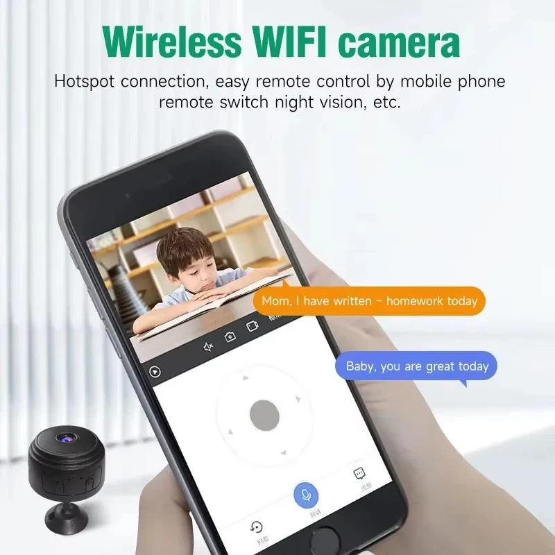 Small black plastic wireless Wi-Fi camera with night vision and remote phone app control.