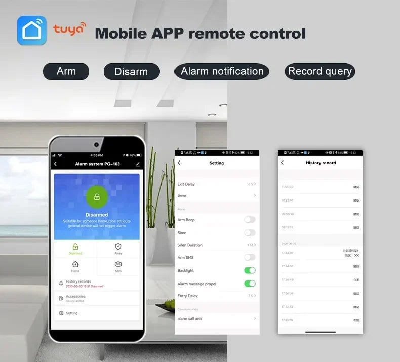 Three smartphones showing a modern white home alarm system app interface for remote arming, settings, and history logs.