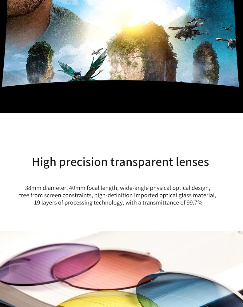 VR headset lenses featuring high-precision, multi-layered optical glass in purple, orange, blue, and yellow tints.