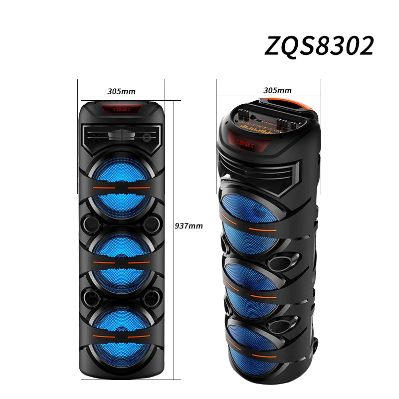 Portable black wireless party speaker featuring glowing blue LED lights, multiple drivers, and top-mounted controls.