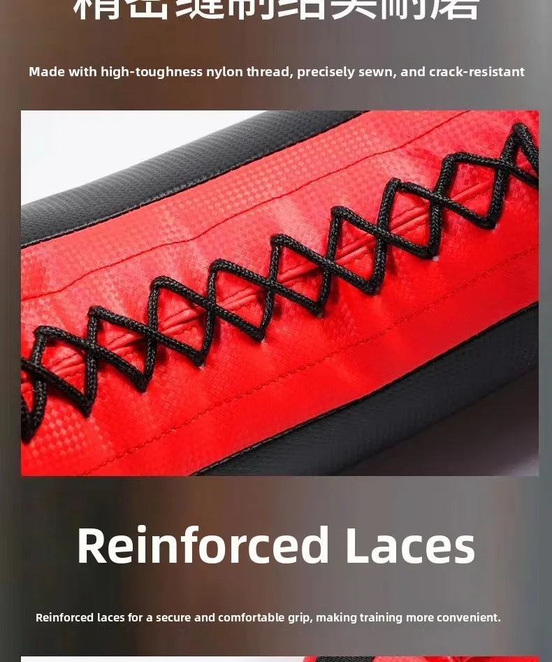 Close-up of a red and black weighted Bulgarian training bag featuring durable cross-stitched nylon lace reinforcement.