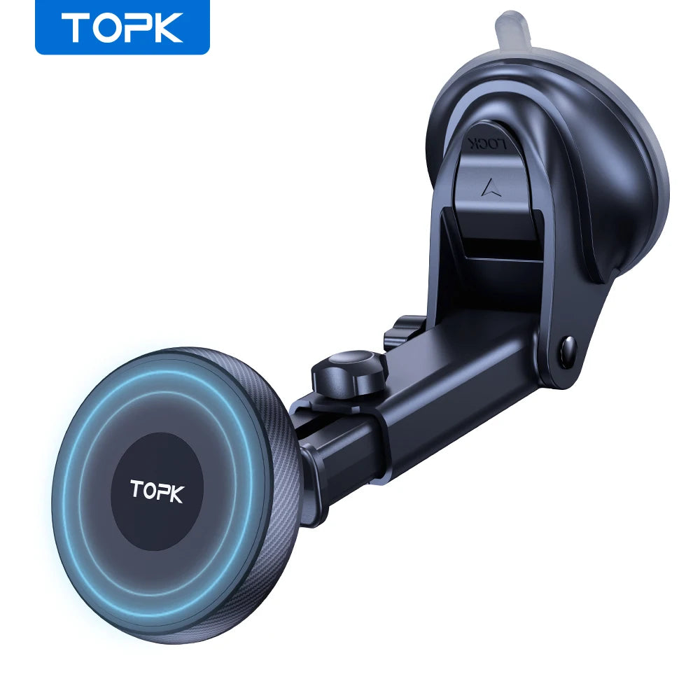 Black magnetic phone car mount with an adjustable arm and suction cup base, featuring a circular glowing light ring.