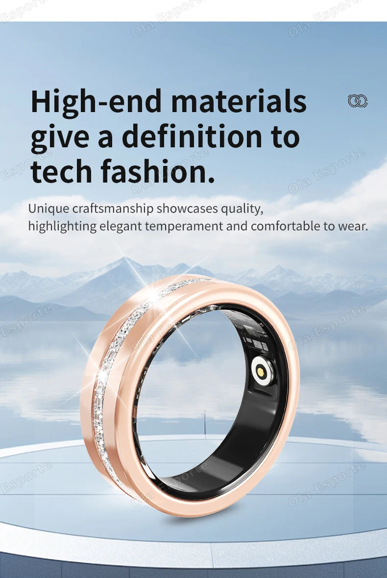 Elegant rose gold smart fitness ring with a central crystal band and black interior sensors on a blue lake background.