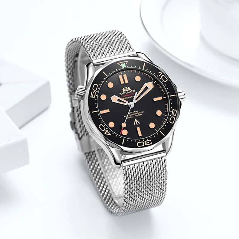 Men’s classic stainless steel automatic watch with a black dial, rotating bezel, and silver mesh bracelet.