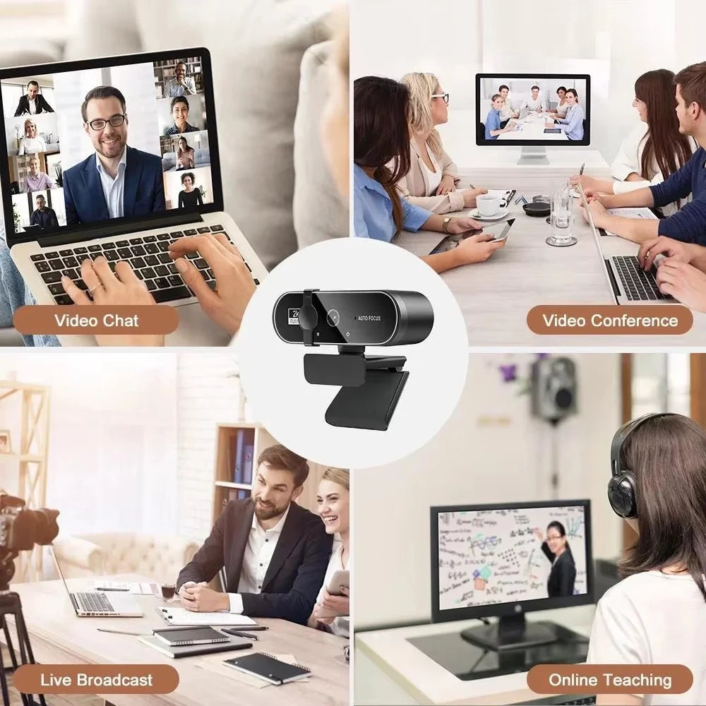 Black 4K autofocus webcam with built-in microphone on a versatile monitor mount, shown in professional use cases.