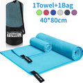 Blue microfibre sports towel in 40x80cm, featuring two rolled towels and a matching mesh carry bag.
