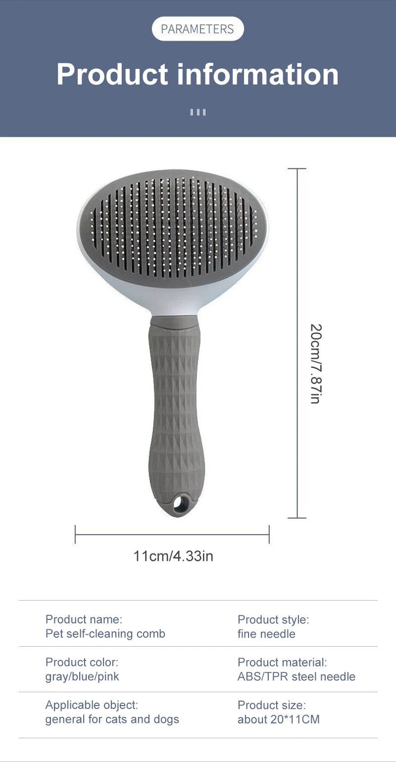 Grey pet self-cleaning grooming comb with fine steel needles, 20cm height, showing dimensions and specifications.