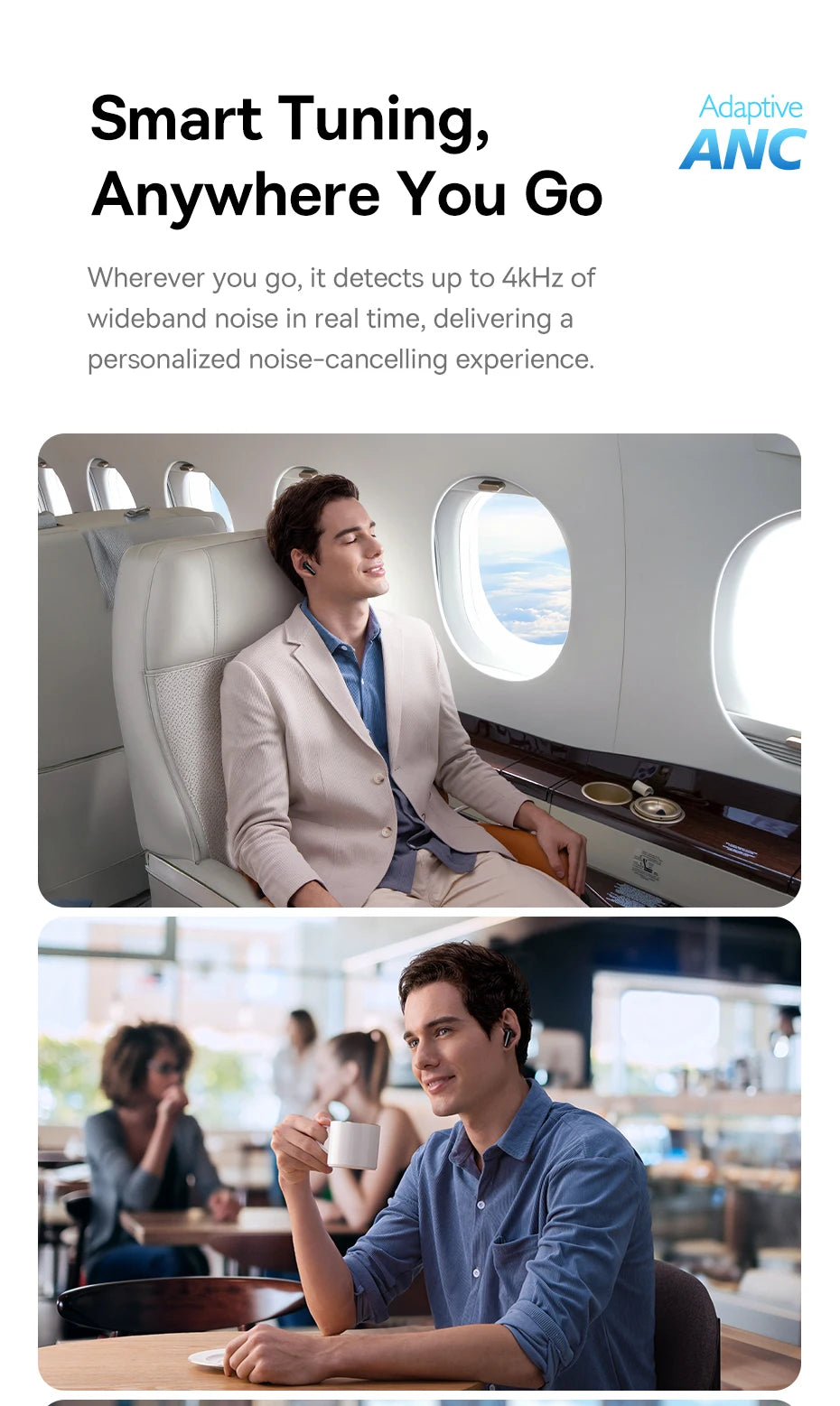 A man wearing sleek, black wireless earbuds in an airplane cabin and a cafe setting, demonstrating noise cancellation.