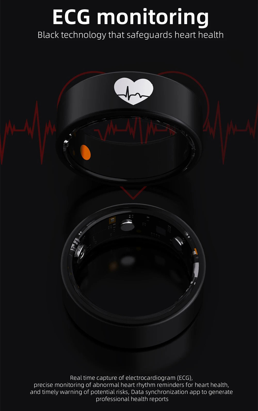 Sleek black smart health ring featuring a heart icon and advanced internal sensors for ECG heart monitoring.