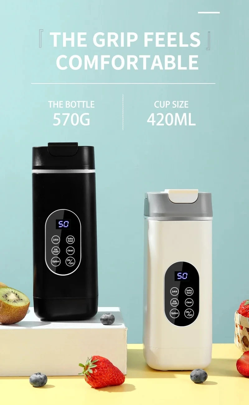 Two portable electric blenders in black and white with digital displays and multiple function buttons on a table.