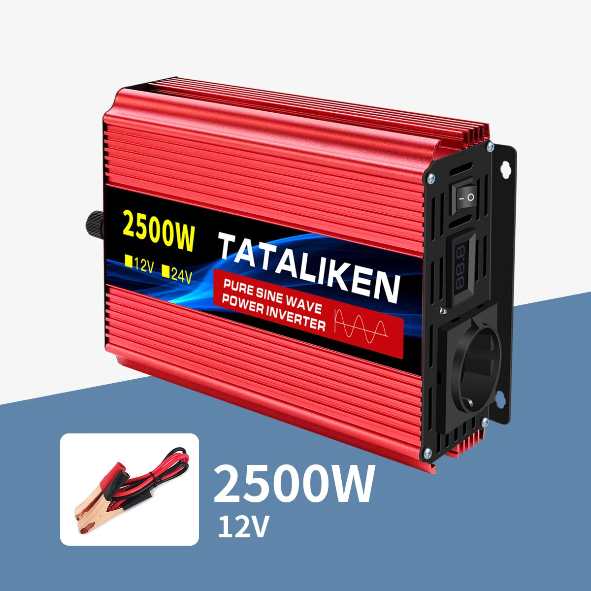 Red 2500W pure sine wave power inverter with a digital display, power switch, AC outlet and included battery cables.