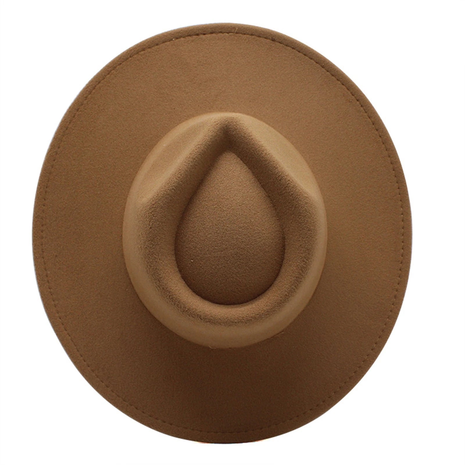 Top-down view of a tan felt fedora hat with a classic pinched crown and wide brim, isolated on a white background.