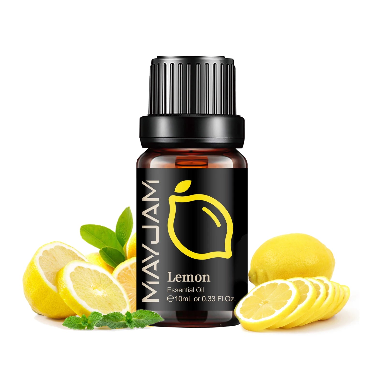 10ml amber glass bottle of lemon essential oil with black cap, surrounded by fresh lemon slices and mint leaves.