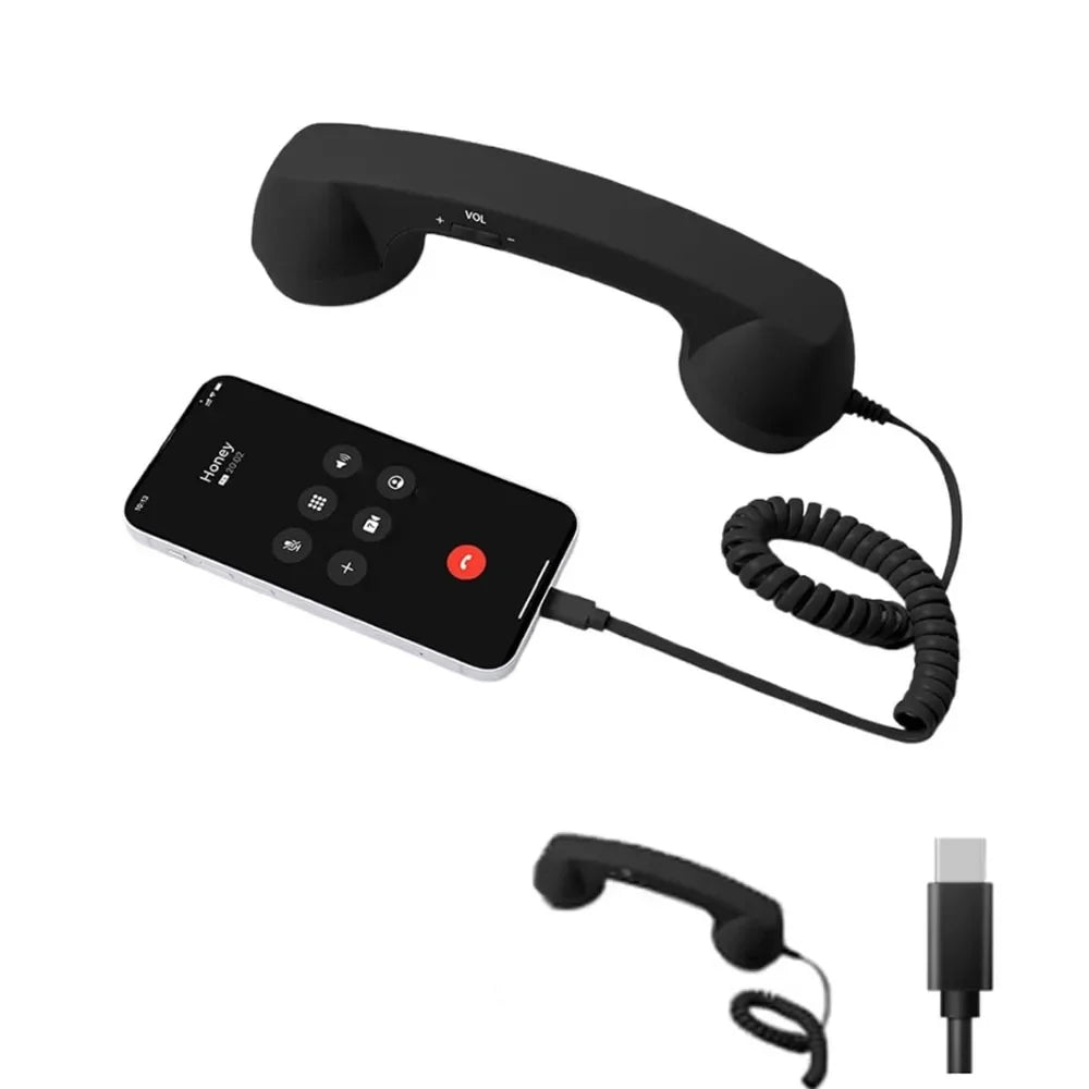 Matte black retro-style telephone handset with coiled cord, connected to a smartphone for nostalgic handheld calling.