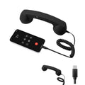 Matte black retro-style telephone handset with coiled cord, connected to a smartphone for nostalgic handheld calling.