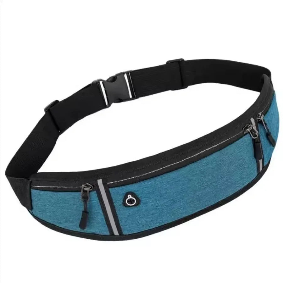 Blue sports running belt with two zippered pockets, reflective strips, and an adjustable black buckle strap.