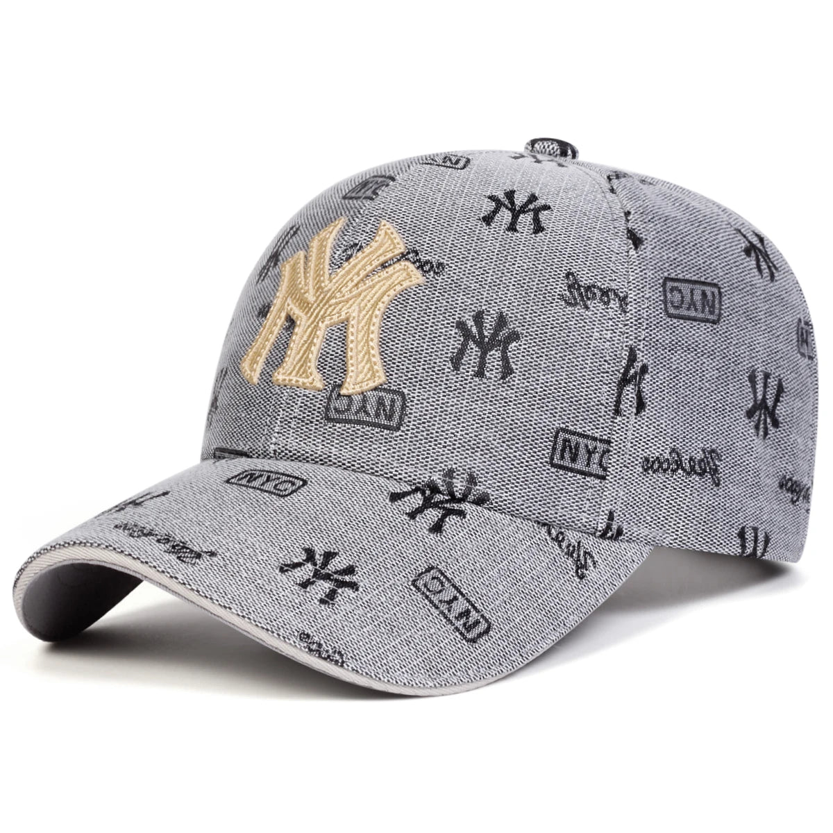 Grey unisex baseball cap with an all-over printed pattern and a prominent gold-embroidered logo on the front.