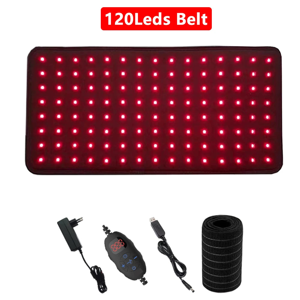 Rectangular dark red LED therapy belt with 120 lights, power adapter, controller, and fastening strap.