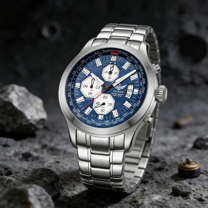 Yelang V1029S silver stainless steel quartz watch with a round textured blue chronograph dial and three sub-dials.