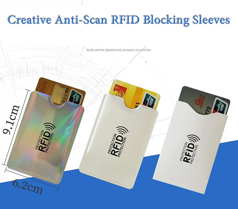 Three 9.1x6.2cm RFID-blocking card sleeves in iridescent, white, and matte finishes holding bank cards.