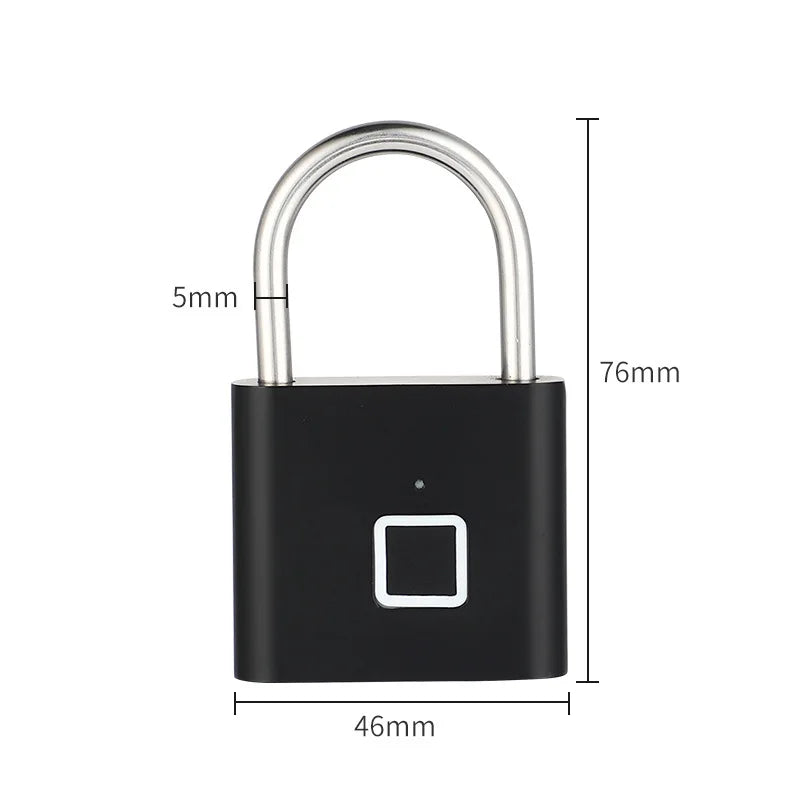 Black metal fingerprint padlock with a stainless steel shackle and dimensions labeled in millimeters.
