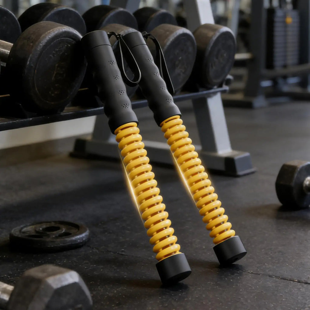 Two weighted fitness training bars with yellow coil springs and black contoured grip handles, leaning against a gym rack.