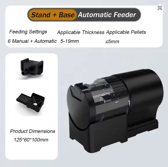 Black automatic fish feeder with a clear food chamber, mounting stand, and base, featuring a sleek, compact design.