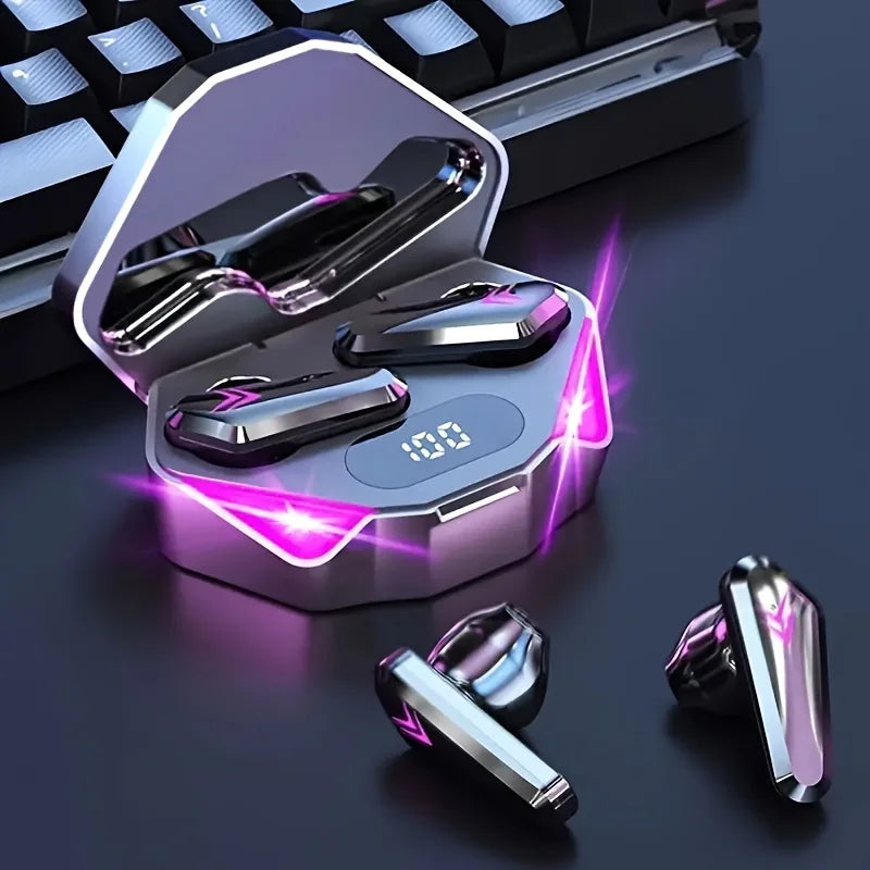 Wireless gaming earbuds in a silver charging case with pink LED lights and a digital battery display.