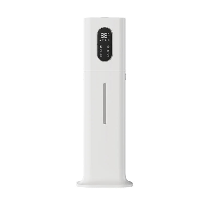 Tall, white minimalist smart ultrasonic humidifier with a digital LED display and a water level viewing window.