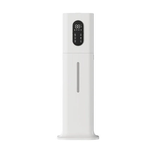 Tall, white minimalist smart ultrasonic humidifier with a digital LED display and a water level viewing window.