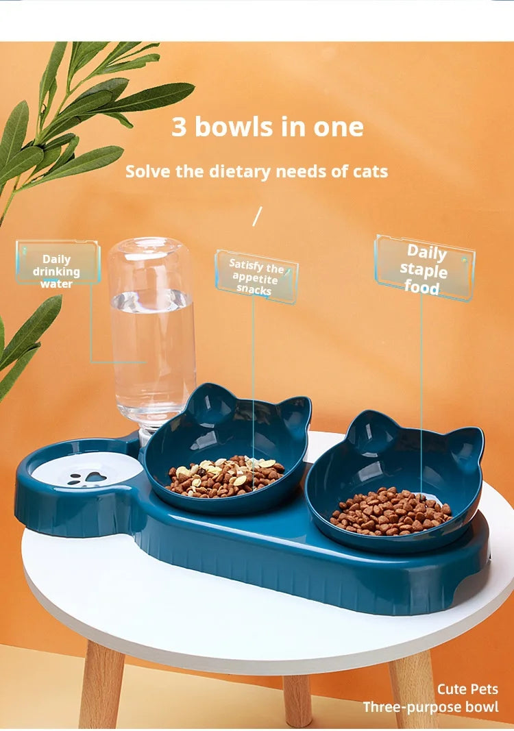 Dark blue 3-in-1 pet feeding station with two cat-eared food bowls and an integrated gravity water dispenser.