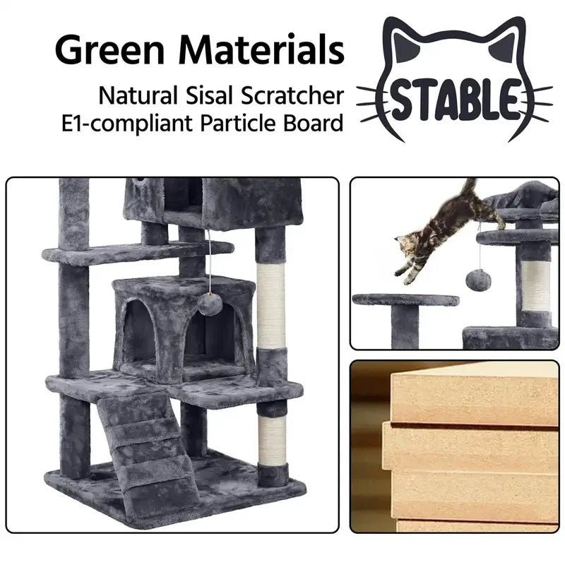 Large 3-tier dark grey plush cat tree with a condo, scratching posts, platforms, and a ramp for play and rest.