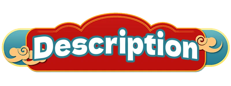 A red graphic banner with the word "Description" in white, styled with blue trim and decorative golden clouds.