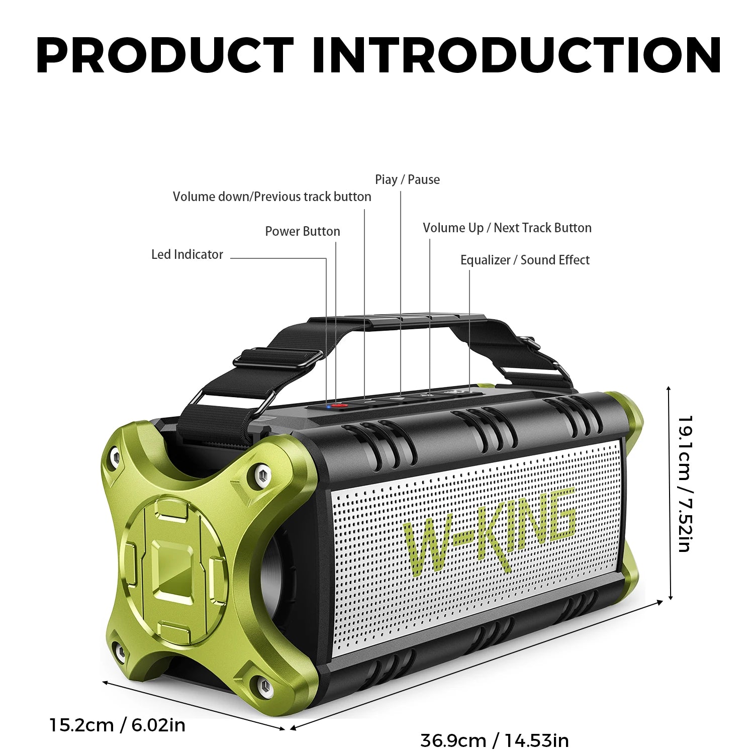 Rugged, portable black and lime green wireless speaker with top carry strap and clearly labelled control buttons.